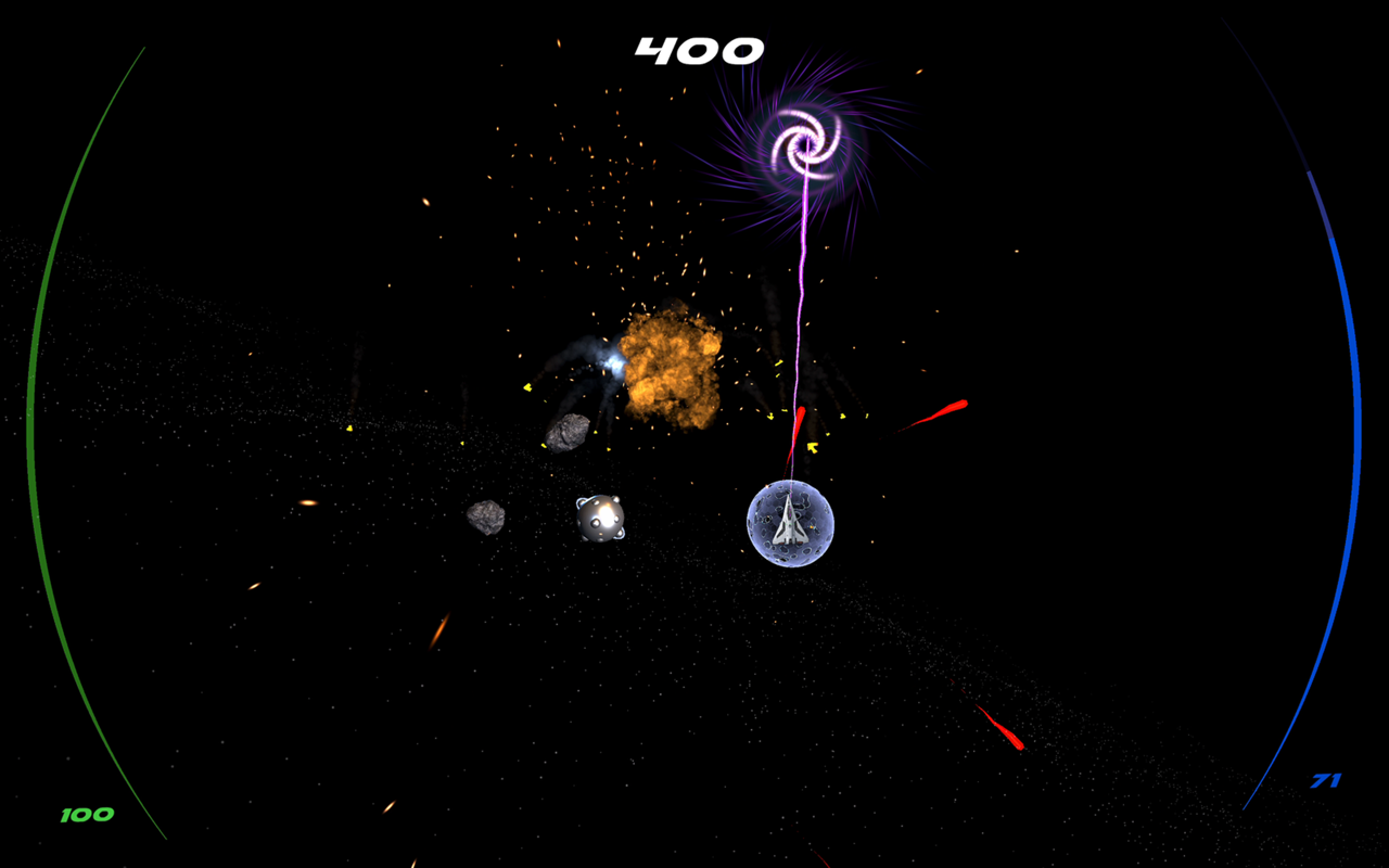 Zero G Space Game gameplay on Mac: a shielded ship beside an orange explosion and a purple wormhole