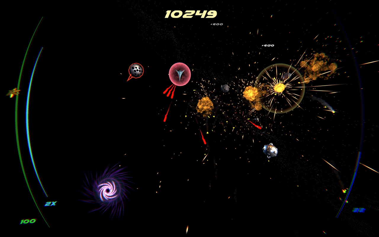 Zero G Space Game gameplay on Mac: a shielded ship amid red laser fire, metal mines and a large explosion