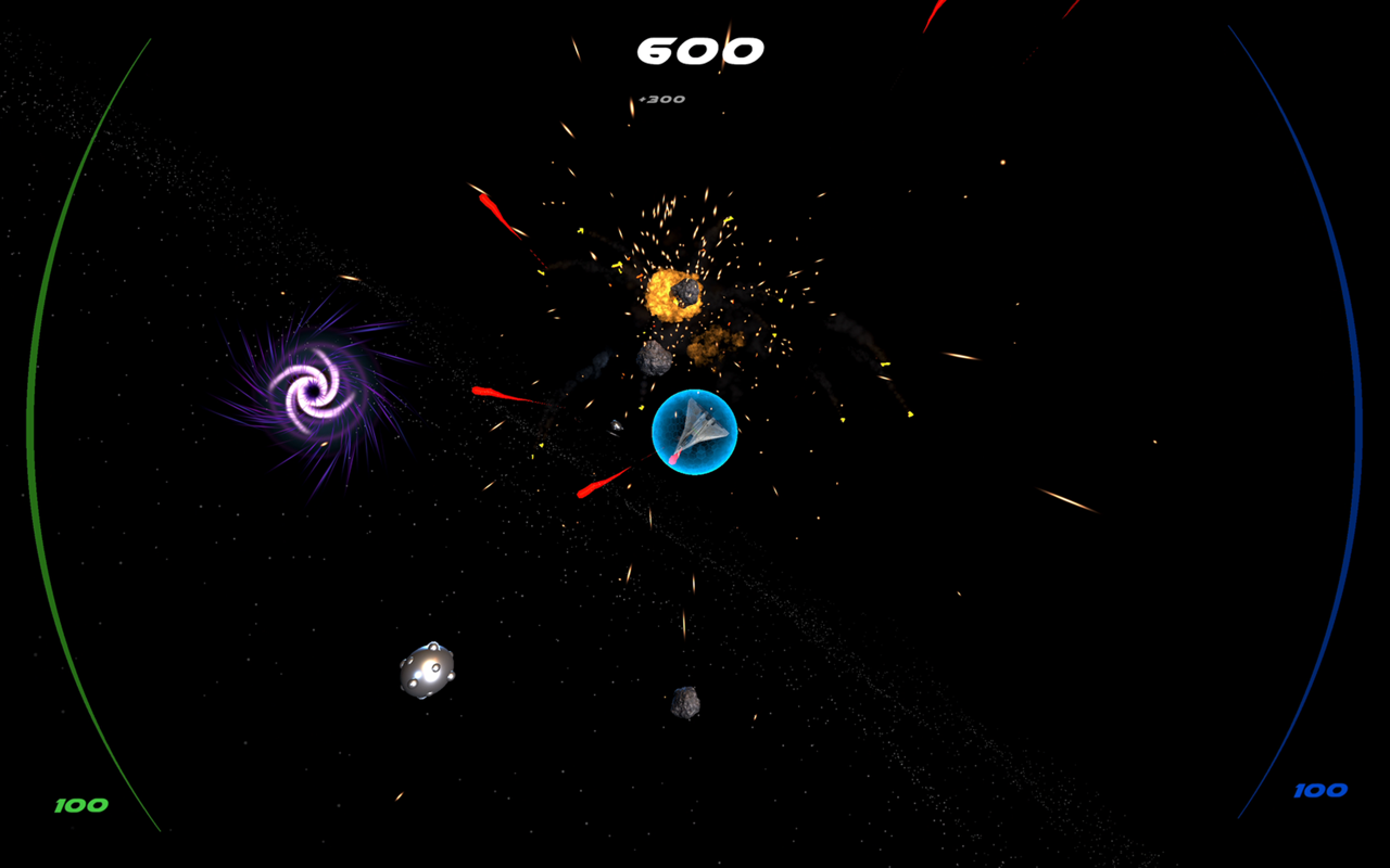 Zero G Space Game gameplay on Mac: the ship inside a blue shield ring with a purple wormhole on the left