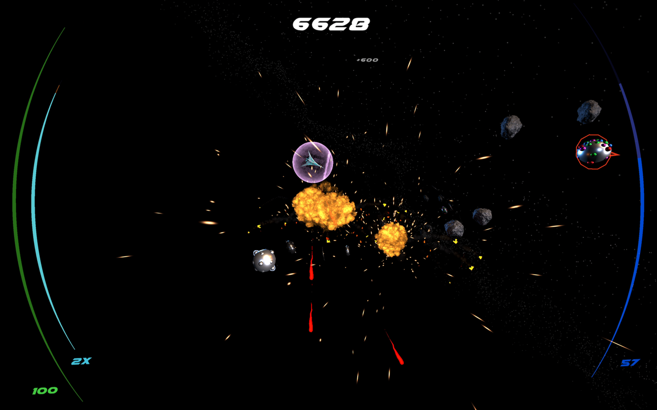 Zero G Space Game gameplay on Mac: a pink-shielded ship, two orange fireballs and an enemy craft on the right with a 2X multiplier, score 6,628