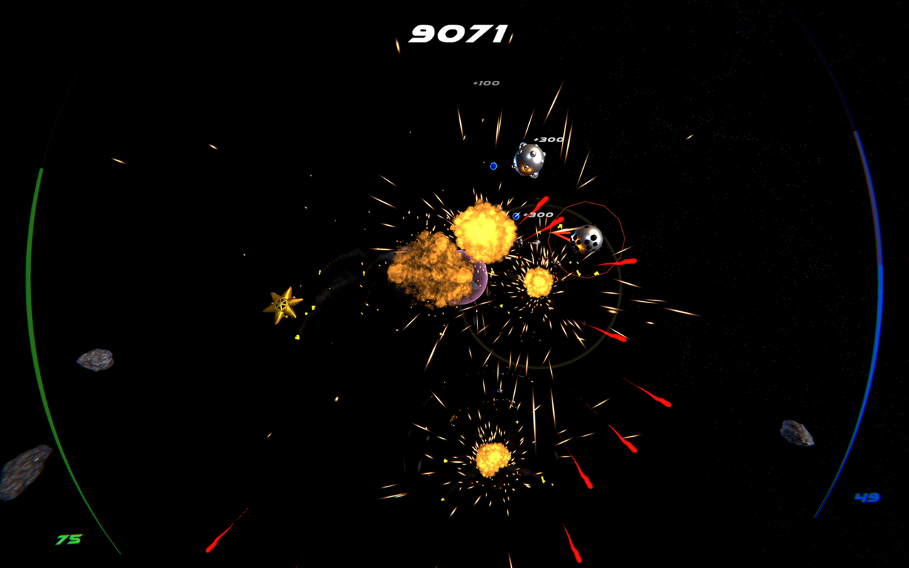 Zero G Space Game gameplay on Mac: a gold star pickup and chained fireballs among drifting asteroids and metal mines, score 9,071