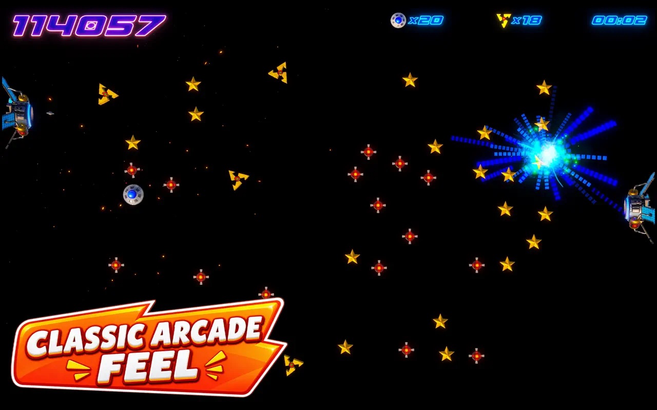 Captain Star on Mac — a blue energy burst tears through a wave of alien mines and gold stars, score 114,057, captioned Classic Arcade Feel
