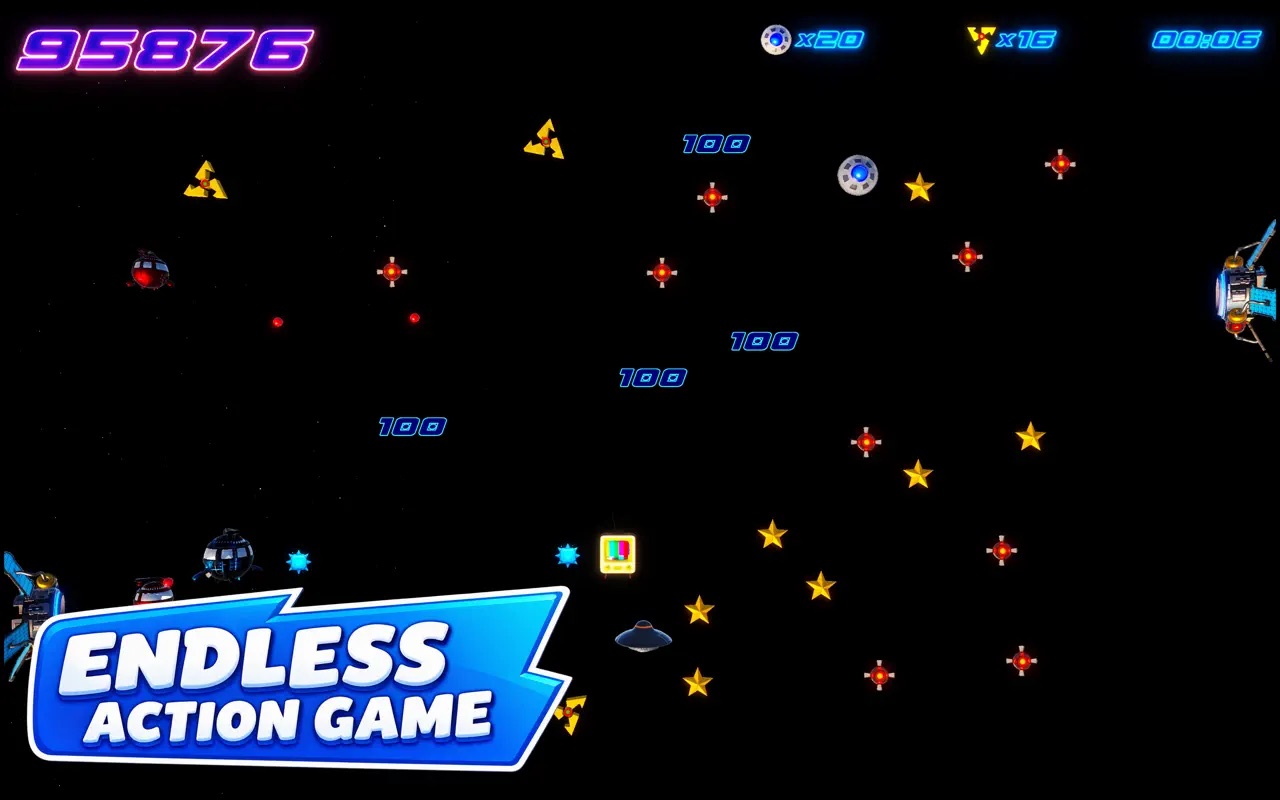 Captain Star on Mac — the UFO weaves between alien drones and gold stars for 100-point pickups, captioned Endless Action Game