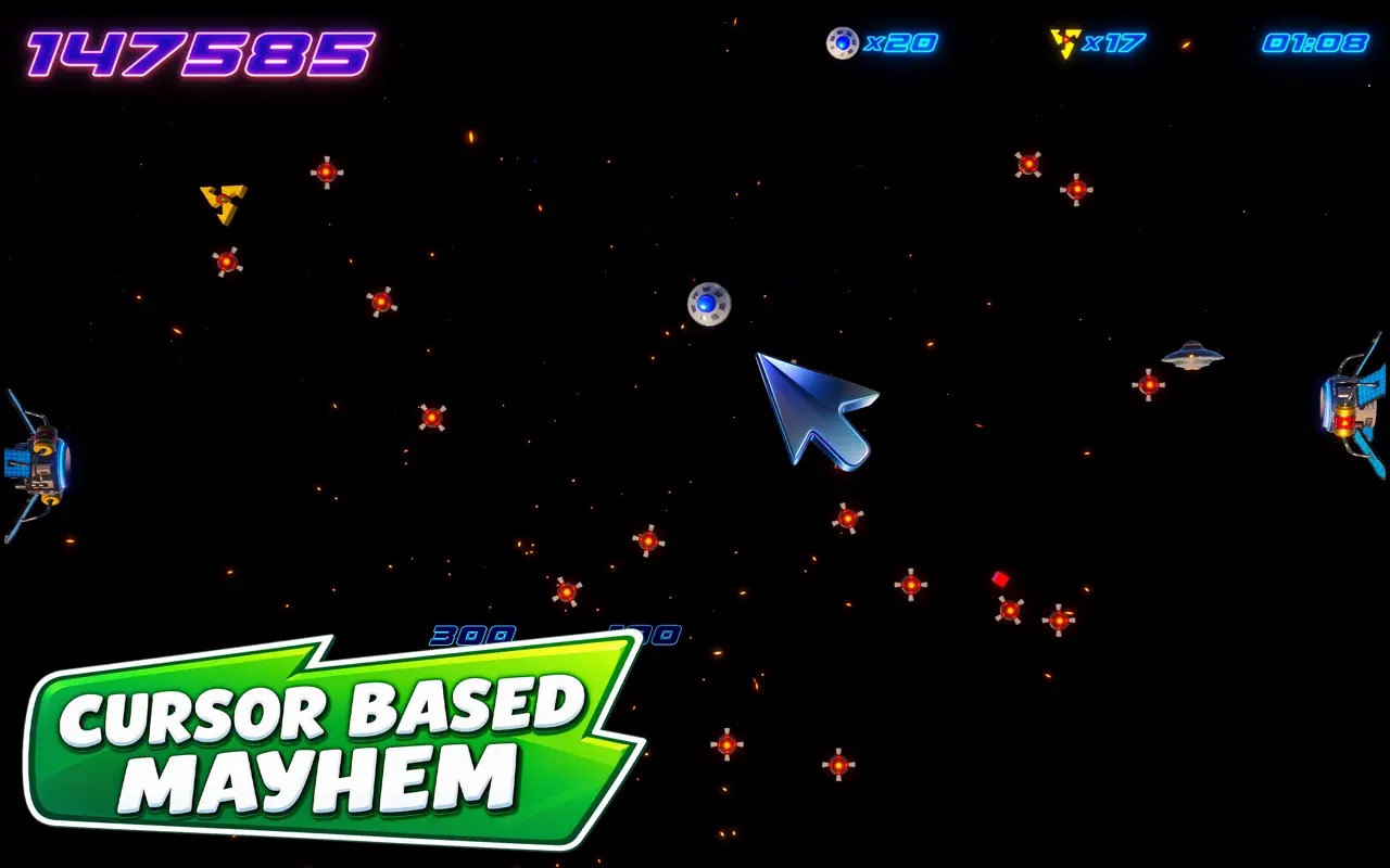 Captain Star on Mac — the pointer steers the UFO through a field of red alien mines, score 147,585, captioned Cursor Based Mayhem