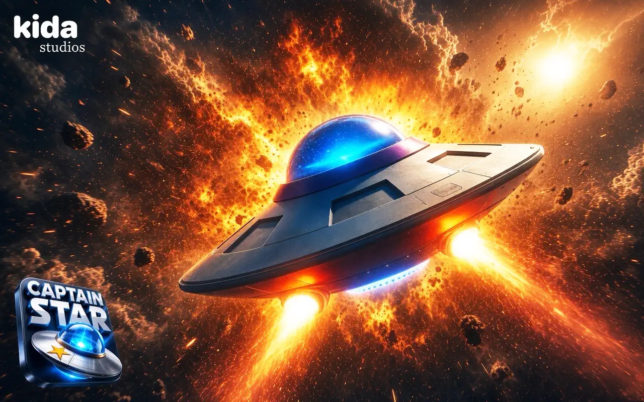 Captain Star key art — a chrome flying saucer bursting out of a fiery explosion in an asteroid field