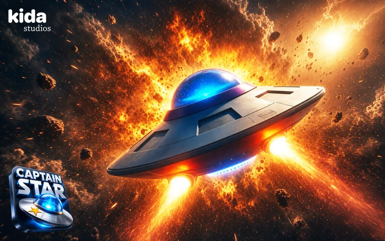 Captain Star key art: a chrome flying saucer bursting out of a fiery explosion