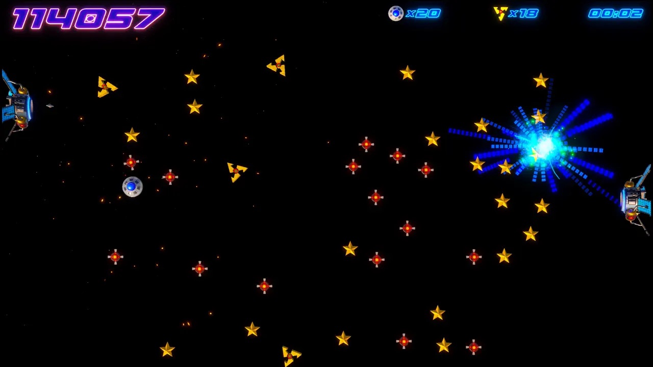Captain Star on Apple TV — a blue energy burst clears a wave of alien mines, score 114,057