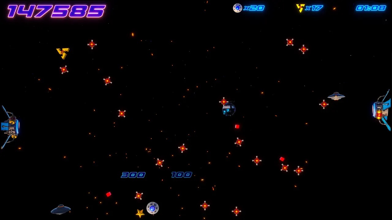 Captain Star on Apple TV — the UFO threads a field of red alien mines late in a run, score 147,585