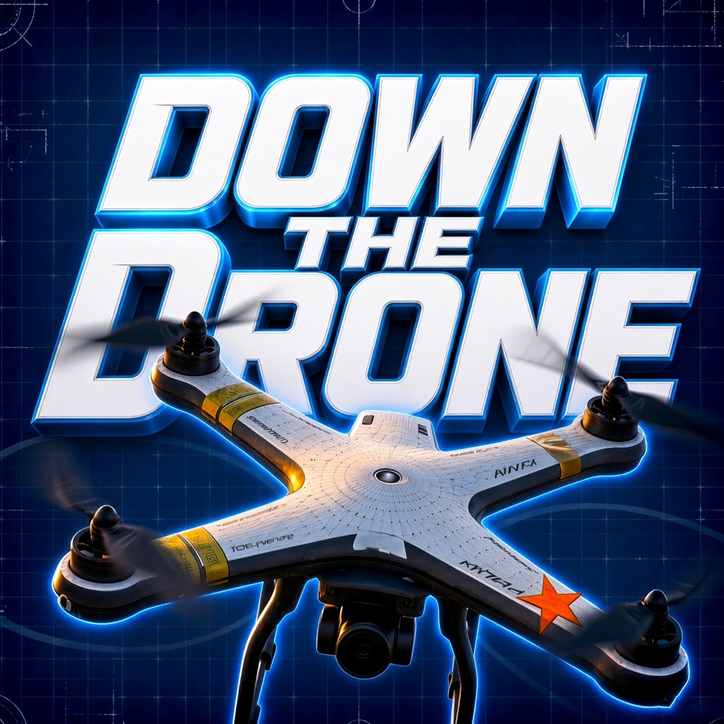 Icono de la app Down The Drone: las palabras Down The Drone en letras blancas gruesas sobre un dron cuadricóptero blanco en una cuadrícula azul de plano