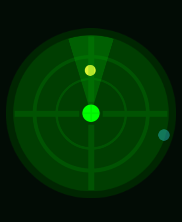 Down The Drone auf der Apple Watch: das Radar mit einer Drohne direkt voraus im Suchkegel und einer weiteren rechts.