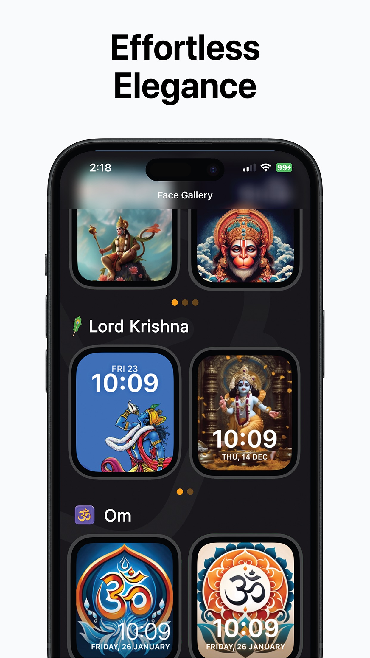 Kaal face gallery on iPhone under the heading “Effortless Elegance”, with rows of Apple Watch faces grouped as Lord Krishna and Om, each showing the time 10:09