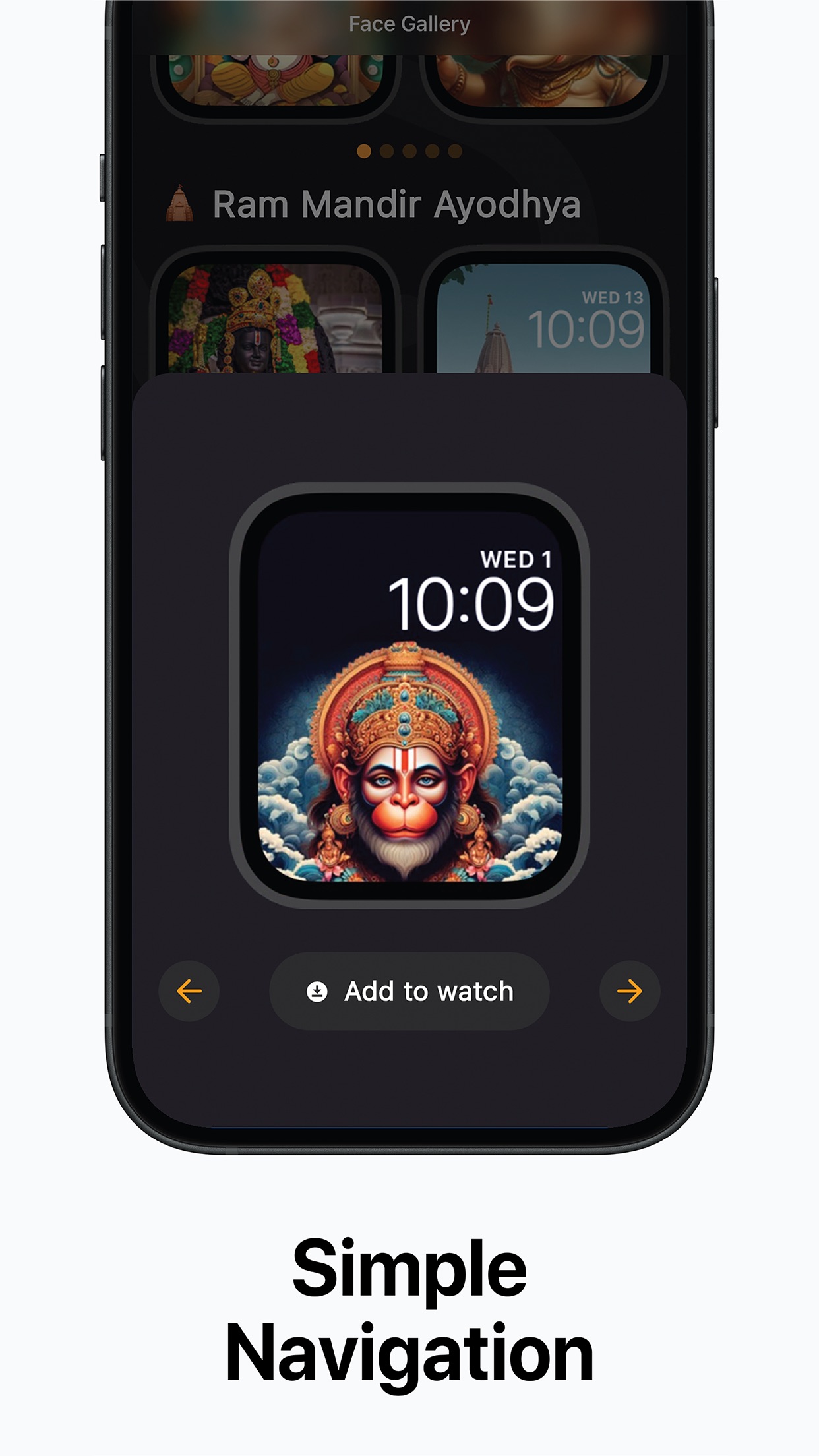 Kaal preview sheet on iPhone under the heading “Simple Navigation”, showing a Lord Hanuman watch face with an Add to watch button and previous and next arrows