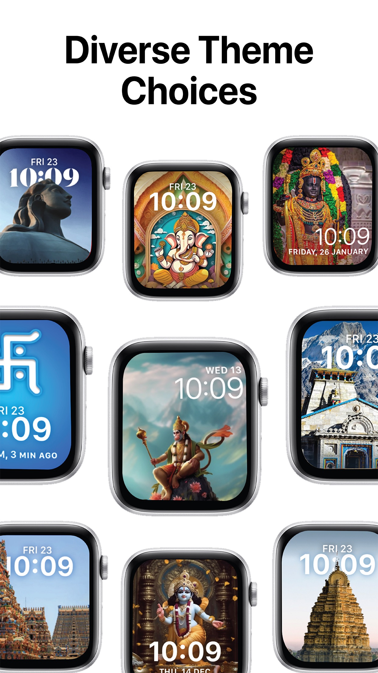 Nine Apple Watches under the heading “Diverse Theme Choices”, each with a different Kaal face: Shiva, Ganesha, Ram Lalla, a Swastika, Hanuman, Kedarnath temple, a gopuram, Krishna and a temple tower