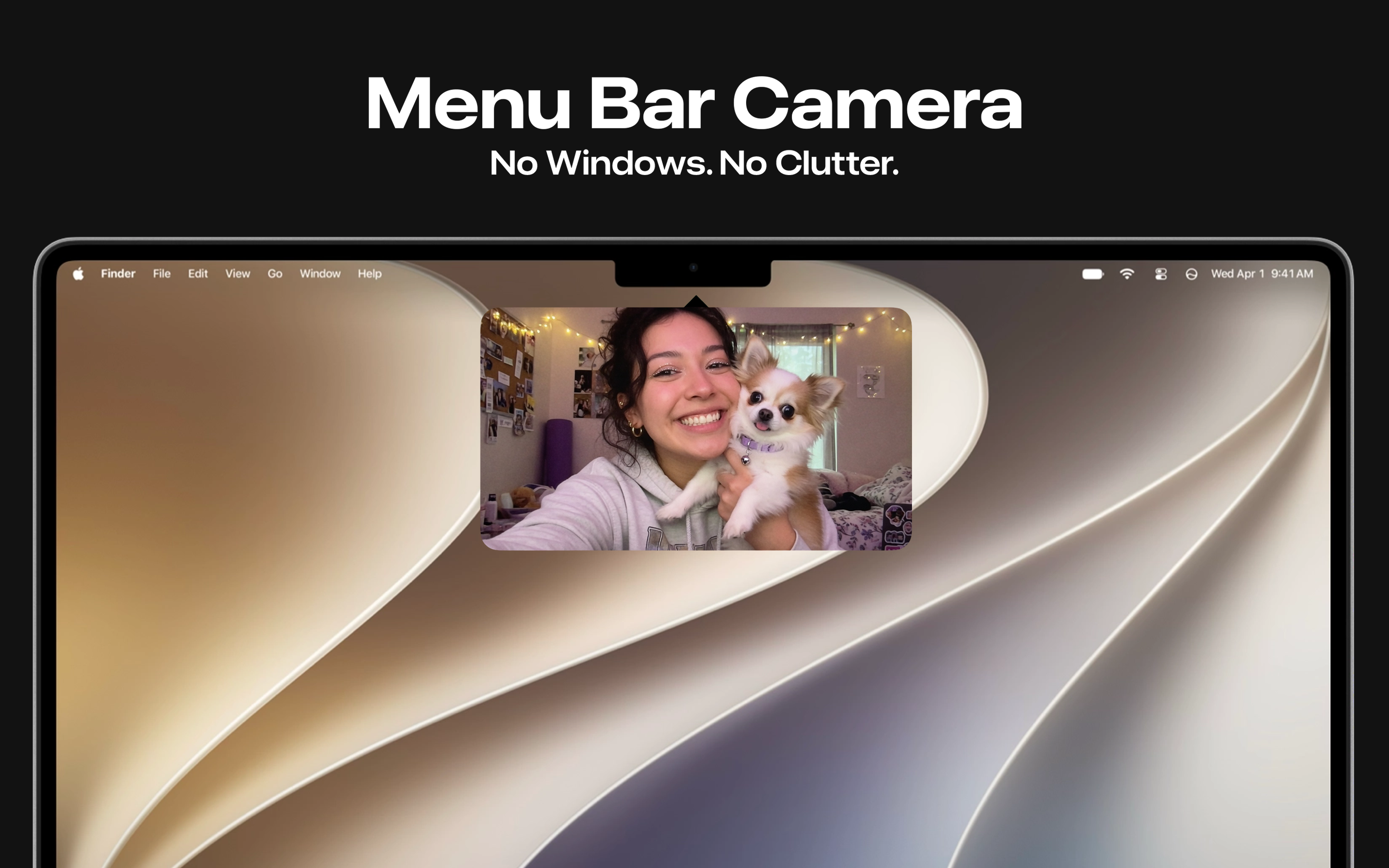 Lookout für Mac als Menüleisten-Kamera, Vorschau einer Frau mit kleinem Hund über einem macOS-Hintergrund, Bildunterschrift „Menu Bar Camera. No Windows. No Clutter.“
