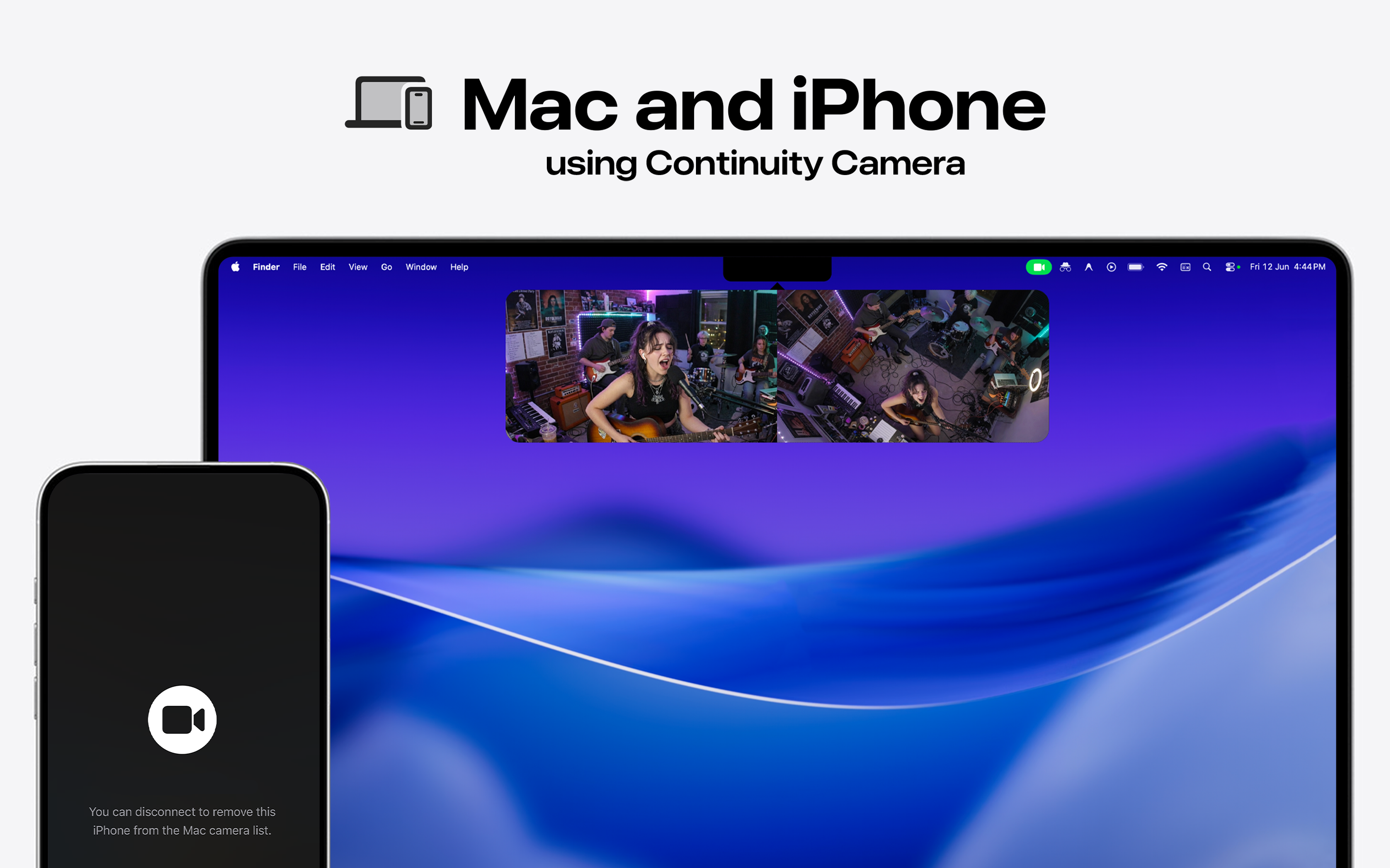 Lookout auf Mac und iPhone mit Continuity Camera, eine Bandprobe in der Menüleisten-Vorschau, das iPhone dient als Kamera